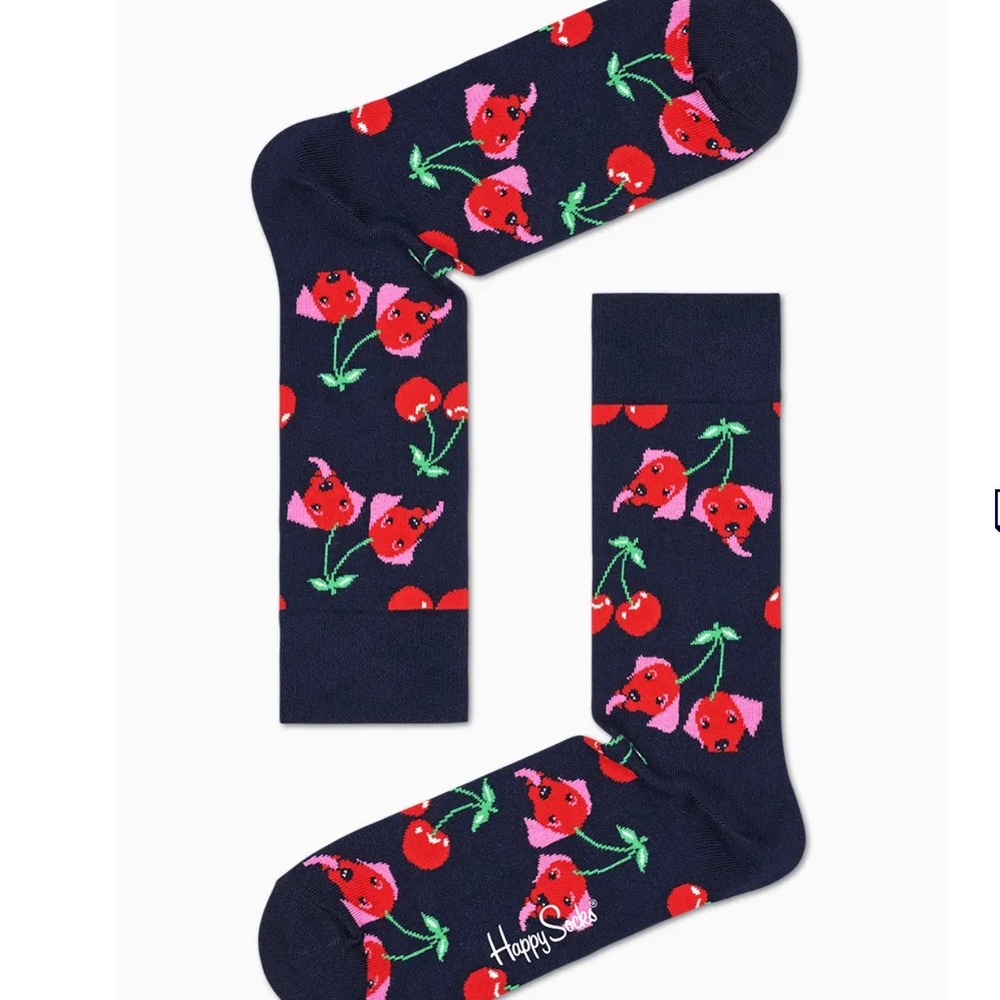 HAPPY SOCKS CHERRY DOG SOCKS WOMENS SIZE9-11 shoe 5.5-9.5 NAVY/RED NWT